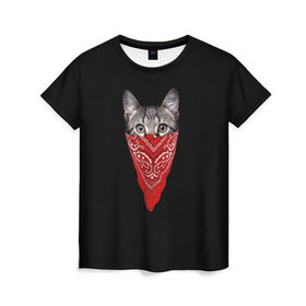 Женская футболка 3D с принтом Котомафия в Тюмени, 100% полиэфир ( синтетическое хлопкоподобное полотно) | прямой крой, круглый вырез горловины, длина до линии бедер | бандана | гангстер | кот | котик | кошка | мафия