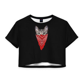 Женская футболка 3D укороченная с принтом Котомафия в Тюмени, 100% полиэстер | круглая горловина, длина футболки до линии талии, рукава с отворотами | бандана | гангстер | кот | котик | кошка | мафия