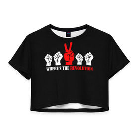 Женская футболка 3D укороченная с принтом DM: Where`s the revolution? в Тюмени, 100% полиэстер | круглая горловина, длина футболки до линии талии, рукава с отворотами | depeche mode
