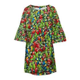 Детское платье 3D с принтом Попугаи в Тюмени, 100% полиэстер | прямой силуэт, чуть расширенный к низу. Круглая горловина, на рукавах — воланы | ара | животные | паттрен | попугай | птицы | птички | текстура | тропики