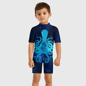 Детский купальный костюм 3D с принтом крутой осьминог в Тюмени, Полиэстер 85%, Спандекс 15% | застежка на молнии на спине | вода | море | океан | осьминог | подводный мир | рыбы