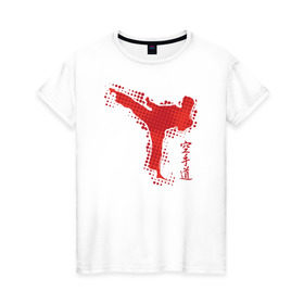 Женская футболка хлопок с принтом Силуэт каратиста в Тюмени, 100% хлопок | прямой крой, круглый вырез горловины, длина до линии бедер, слегка спущенное плечо | иероглифы | каратэ | силуэт | удар | япония
