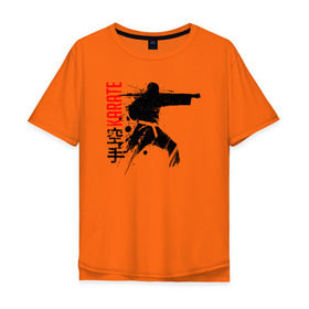 Мужская футболка хлопок Oversize с принтом Силуэт каратиста 2 в Тюмени, 100% хлопок | свободный крой, круглый ворот, “спинка” длиннее передней части | Тематика изображения на принте: боец | карате | каратэ | киокушинкай | силуэт | тайдзюцу