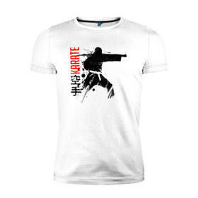 Мужская футболка премиум с принтом Силуэт каратиста 2 в Тюмени, 92% хлопок, 8% лайкра | приталенный силуэт, круглый вырез ворота, длина до линии бедра, короткий рукав | боец | карате | каратэ | киокушинкай | силуэт | тайдзюцу