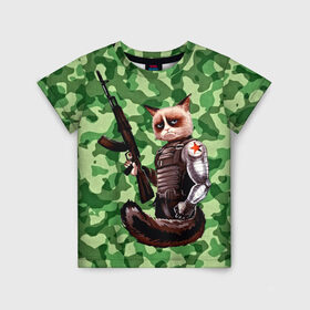 Детская футболка 3D с принтом Воинственный кот в Тюмени, 100% гипоаллергенный полиэфир | прямой крой, круглый вырез горловины, длина до линии бедер, чуть спущенное плечо, ткань немного тянется | армия | арт | воин | животные | камуфляж | оружие