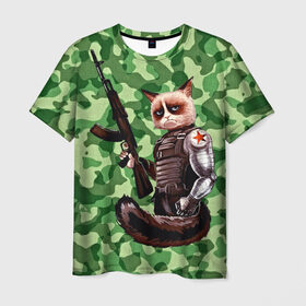 Мужская футболка 3D с принтом Воинственный кот в Тюмени, 100% полиэфир | прямой крой, круглый вырез горловины, длина до линии бедер | Тематика изображения на принте: армия | арт | воин | животные | камуфляж | оружие