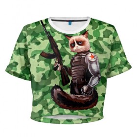 Женская футболка 3D укороченная с принтом Воинственный кот в Тюмени, 100% полиэстер | круглая горловина, длина футболки до линии талии, рукава с отворотами | армия | арт | воин | животные | камуфляж | оружие