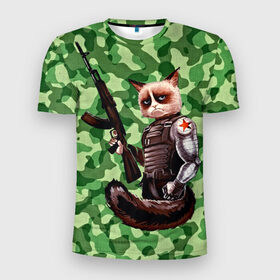 Мужская футболка 3D спортивная с принтом Воинственный кот в Тюмени, 100% полиэстер с улучшенными характеристиками | приталенный силуэт, круглая горловина, широкие плечи, сужается к линии бедра | армия | арт | воин | животные | камуфляж | оружие