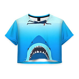 Женская футболка 3D укороченная с принтом Акула в Тюмени, 100% полиэстер | круглая горловина, длина футболки до линии талии, рукава с отворотами | 3d | акула | арт | животные | море | плавание | природа | рыбы | спорт | хищники