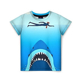 Детская футболка 3D с принтом Акула в Тюмени, 100% гипоаллергенный полиэфир | прямой крой, круглый вырез горловины, длина до линии бедер, чуть спущенное плечо, ткань немного тянется | 3d | акула | арт | животные | море | плавание | природа | рыбы | спорт | хищники