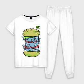 Женская пижама хлопок с принтом drop dead в Тюмени, 100% хлопок | брюки и футболка прямого кроя, без карманов, на брюках мягкая резинка на поясе и по низу штанин | burger | cat | citty | hamburger | бургер | гамбургер | кот | кошка