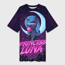 Платье-футболка 3D с принтом Retrowave Luna в Тюмени,  |  | 8 bit | 8 бит | alicorn | luna | moon | mountain | my little pony | pixel | pony | princess luna | retrowave | synthwave | unicorn | горы | луна | пиксель арт | пони | ретровейв