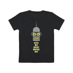 Детская футболка хлопок с принтом Bite my ass в Тюмени, 100% хлопок | круглый вырез горловины, полуприлегающий силуэт, длина до линии бедер | Тематика изображения на принте: bender | futurama | бендер | зойдберг | космос | футурама
