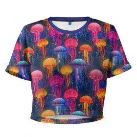 Женская футболка 3D укороченная с принтом Медузы в Тюмени, 100% полиэстер | круглая горловина, длина футболки до линии талии, рукава с отворотами | Тематика изображения на принте: лето | медузы | море | океан. рыбы | подводный мир
