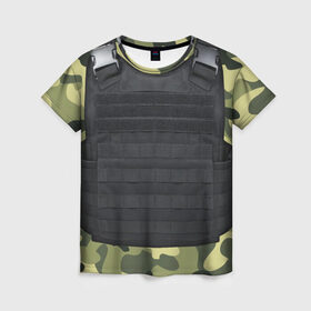 Женская футболка 3D с принтом Бронежилет + камуфляж в Тюмени, 100% полиэфир ( синтетическое хлопкоподобное полотно) | прямой крой, круглый вырез горловины, длина до линии бедер | 23февраля | 9 мая | csgo | бронежилет | варфейс | военные | игры | ксго | лучшее