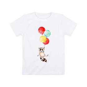 Детская футболка хлопок с принтом Енот в Тюмени, 100% хлопок | круглый вырез горловины, полуприлегающий силуэт, длина до линии бедер | акварель | бабочка | воздушный | иллюстрация | илюстрация | полет | рисунок | шарик