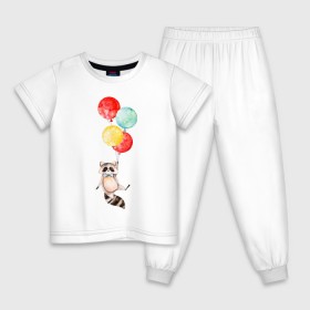 Детская пижама хлопок с принтом Енот в Тюмени, 100% хлопок |  брюки и футболка прямого кроя, без карманов, на брюках мягкая резинка на поясе и по низу штанин
 | Тематика изображения на принте: акварель | бабочка | воздушный | иллюстрация | илюстрация | полет | рисунок | шарик