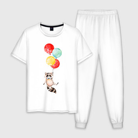 Мужская пижама хлопок с принтом Енот в Тюмени, 100% хлопок | брюки и футболка прямого кроя, без карманов, на брюках мягкая резинка на поясе и по низу штанин
 | акварель | бабочка | воздушный | иллюстрация | илюстрация | полет | рисунок | шарик