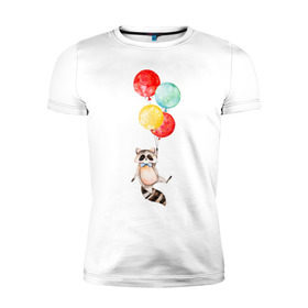 Мужская футболка премиум с принтом Енот в Тюмени, 92% хлопок, 8% лайкра | приталенный силуэт, круглый вырез ворота, длина до линии бедра, короткий рукав | акварель | бабочка | воздушный | иллюстрация | илюстрация | полет | рисунок | шарик