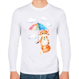 Мужской лонгслив хлопок с принтом Лис в Тюмени, 100% хлопок |  | акварель | зонт | иллюстрация | облака