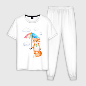 Мужская пижама хлопок с принтом Лис в Тюмени, 100% хлопок | брюки и футболка прямого кроя, без карманов, на брюках мягкая резинка на поясе и по низу штанин
 | акварель | зонт | иллюстрация | облака