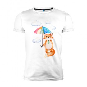 Мужская футболка премиум с принтом Лис в Тюмени, 92% хлопок, 8% лайкра | приталенный силуэт, круглый вырез ворота, длина до линии бедра, короткий рукав | акварель | зонт | иллюстрация | облака