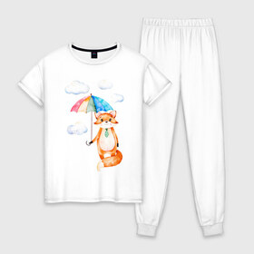 Женская пижама хлопок с принтом Лис в Тюмени, 100% хлопок | брюки и футболка прямого кроя, без карманов, на брюках мягкая резинка на поясе и по низу штанин | акварель | зонт | иллюстрация | облака