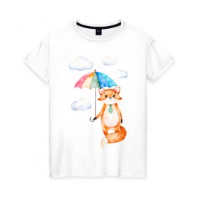 Женская футболка хлопок с принтом Лис в Тюмени, 100% хлопок | прямой крой, круглый вырез горловины, длина до линии бедер, слегка спущенное плечо | акварель | зонт | иллюстрация | облака