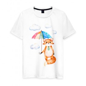 Мужская футболка хлопок с принтом Лис в Тюмени, 100% хлопок | прямой крой, круглый вырез горловины, длина до линии бедер, слегка спущенное плечо. | Тематика изображения на принте: акварель | зонт | иллюстрация | облака