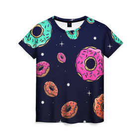Женская футболка 3D с принтом Black Milk Космические Пончики в Тюмени, 100% полиэфир ( синтетическое хлопкоподобное полотно) | прямой крой, круглый вырез горловины, длина до линии бедер | black milk | donut | donuts | space | the simpsons | trend | глазурь | дизайн | еда | звезда | звёзды | космос | мода | пончик | симпсоны | симсоны | сладкий | стиль | тренд | узор