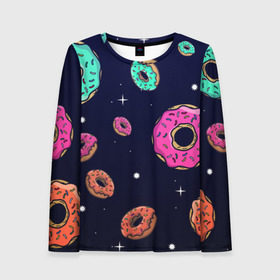 Женский лонгслив 3D с принтом Black Milk Космические Пончики в Тюмени, 100% полиэстер | длинные рукава, круглый вырез горловины, полуприлегающий силуэт | black milk | donut | donuts | space | the simpsons | trend | глазурь | дизайн | еда | звезда | звёзды | космос | мода | пончик | симпсоны | симсоны | сладкий | стиль | тренд | узор
