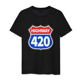 Мужская футболка хлопок с принтом HIGHWAY 420 в Тюмени, 100% хлопок | прямой крой, круглый вырез горловины, длина до линии бедер, слегка спущенное плечо. | Тематика изображения на принте: 420 | bob marley | bong | buds | high way | highway | joint | smoke | weed | боб марли | бонг | бошки | джоинт | косяк