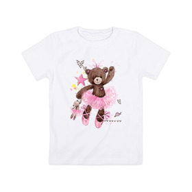 Детская футболка хлопок с принтом Балерина в Тюмени, 100% хлопок | круглый вырез горловины, полуприлегающий силуэт, длина до линии бедер | акварель | звезды | игрушка | иллюстрация | кукла | медведь | пачка | плюшевый | пуанты | рисунок | сердце | теди