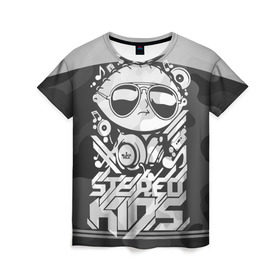 Женская футболка 3D с принтом Black Milk Stereo Kids в Тюмени, 100% полиэфир ( синтетическое хлопкоподобное полотно) | прямой крой, круглый вырез горловины, длина до линии бедер | black milk | dj | kids | stereo | дети | дизайн | камуфляж | малыш | мода | наушники | ноты | очки | ребёнок | стерео | стиль