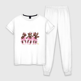 Женская пижама хлопок с принтом Балерины в Тюмени, 100% хлопок | брюки и футболка прямого кроя, без карманов, на брюках мягкая резинка на поясе и по низу штанин | акварель | игрушка | медведь | пачка | плюшевый | пуанты | рисунок | розовый | сердце | теди