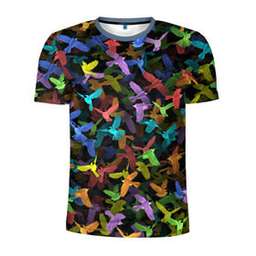 Мужская футболка 3D спортивная с принтом Разноцветные птички в Тюмени, 100% полиэстер с улучшенными характеристиками | приталенный силуэт, круглая горловина, широкие плечи, сужается к линии бедра | Тематика изображения на принте: ворбьи | куча | паттерн | птица | птицы | радуга | радужный | синцы | стая | текстура