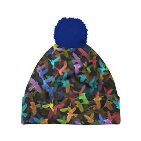 Шапка 3D c помпоном с принтом Разноцветные птички в Тюмени, 100% полиэстер | универсальный размер, печать по всей поверхности изделия | ворбьи | куча | паттерн | птица | птицы | радуга | радужный | синцы | стая | текстура