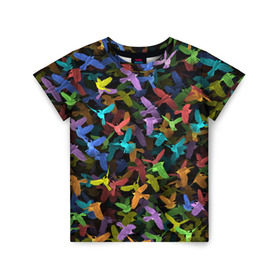 Детская футболка 3D с принтом Разноцветные птички в Тюмени, 100% гипоаллергенный полиэфир | прямой крой, круглый вырез горловины, длина до линии бедер, чуть спущенное плечо, ткань немного тянется | Тематика изображения на принте: ворбьи | куча | паттерн | птица | птицы | радуга | радужный | синцы | стая | текстура