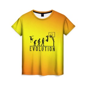 Женская футболка 3D с принтом Эволюция баскетбола в Тюмени, 100% полиэфир ( синтетическое хлопкоподобное полотно) | прямой крой, круглый вырез горловины, длина до линии бедер | basketball | evolution | желтый | обезьяна человек | оранжевый | эволюция