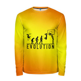 Мужской лонгслив 3D с принтом Эволюция баскетбола в Тюмени, 100% полиэстер | длинные рукава, круглый вырез горловины, полуприлегающий силуэт | Тематика изображения на принте: basketball | evolution | желтый | обезьяна человек | оранжевый | эволюция