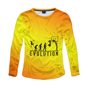 Женский лонгслив 3D с принтом Эволюция баскетбола в Тюмени, 100% полиэстер | длинные рукава, круглый вырез горловины, полуприлегающий силуэт | basketball | evolution | желтый | обезьяна человек | оранжевый | эволюция
