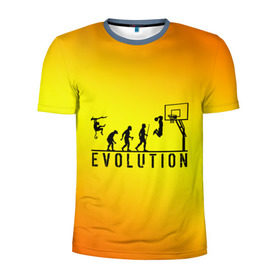 Мужская футболка 3D спортивная с принтом Эволюция баскетбола в Тюмени, 100% полиэстер с улучшенными характеристиками | приталенный силуэт, круглая горловина, широкие плечи, сужается к линии бедра | basketball | evolution | желтый | обезьяна человек | оранжевый | эволюция
