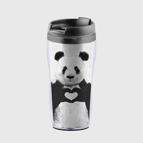 Термокружка-непроливайка с принтом Panda heart в Тюмени, внутренняя часть — пищевой пластик, наружная часть — прозрачный пластик, между ними — полиграфическая вставка с рисунком | объем — 350 мл, герметичная крышка | heart | panda | арт | клевый | красивый | панда | рисунок | сердце