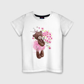 Детская футболка хлопок с принтом Цветы в Тюмени, 100% хлопок | круглый вырез горловины, полуприлегающий силуэт, длина до линии бедер | акварель | балерина | девочка | игрушка | медведь | мило | мимими | пачка | плюшевый | рисунок | розы | сердце | теди