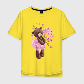 Мужская футболка хлопок Oversize с принтом Цветы в Тюмени, 100% хлопок | свободный крой, круглый ворот, “спинка” длиннее передней части | акварель | балерина | девочка | игрушка | медведь | мило | мимими | пачка | плюшевый | рисунок | розы | сердце | теди
