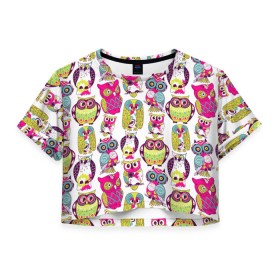 Женская футболка 3D укороченная с принтом Совы в Тюмени, 100% полиэстер | круглая горловина, длина футболки до линии талии, рукава с отворотами | абстракция | паттерн | совы | цветные | яркие