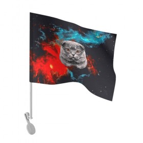 Флаг для автомобиля с принтом Космический кот в Тюмени, 100% полиэстер | Размер: 30*21 см | 3d | cat | арт | взгляд | кот | кот хипстер | котёнок | котятки | котятушки | кошечки | кошка | мордочка