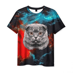 Мужская футболка 3D с принтом Космический кот в Тюмени, 100% полиэфир | прямой крой, круглый вырез горловины, длина до линии бедер | 3d | cat | арт | взгляд | кот | кот хипстер | котёнок | котятки | котятушки | кошечки | кошка | мордочка