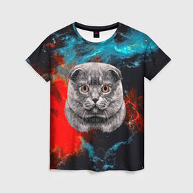 Женская футболка 3D с принтом Космический кот в Тюмени, 100% полиэфир ( синтетическое хлопкоподобное полотно) | прямой крой, круглый вырез горловины, длина до линии бедер | 3d | cat | арт | взгляд | кот | кот хипстер | котёнок | котятки | котятушки | кошечки | кошка | мордочка