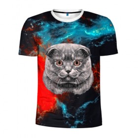 Мужская футболка 3D спортивная с принтом Космический кот в Тюмени, 100% полиэстер с улучшенными характеристиками | приталенный силуэт, круглая горловина, широкие плечи, сужается к линии бедра | 3d | cat | арт | взгляд | кот | кот хипстер | котёнок | котятки | котятушки | кошечки | кошка | мордочка